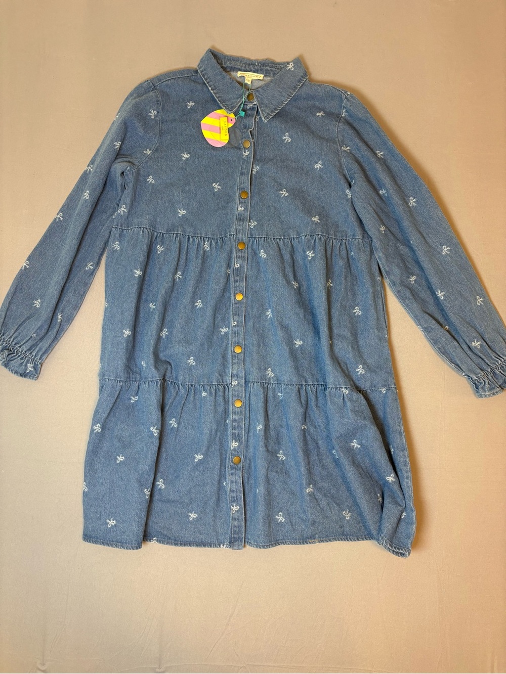 Girls Size Large “Hayden” Denim Button-Front Tiered Shirt Dress with Embroidery